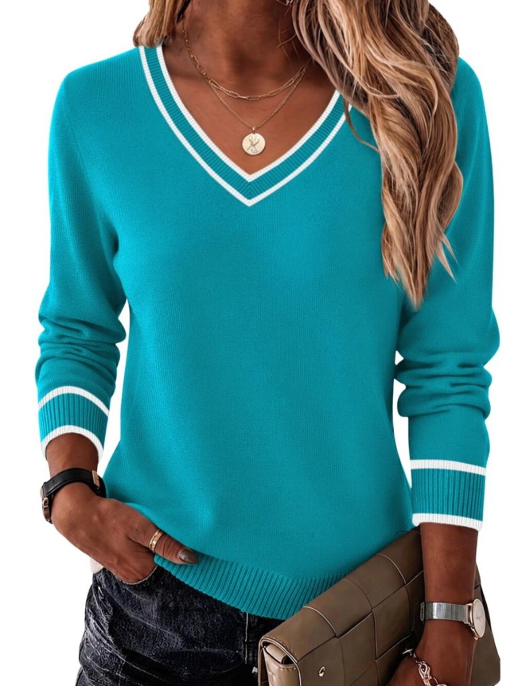 Women's 2026 Fall Long Sleeve Sweaters V Neck Dressy Casual Tops